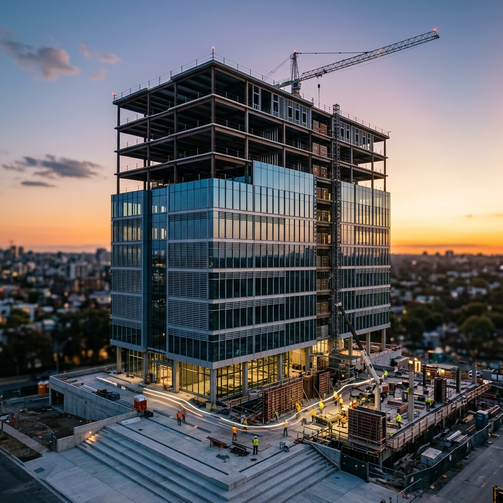 Immeuble en construction au coucher du soleil